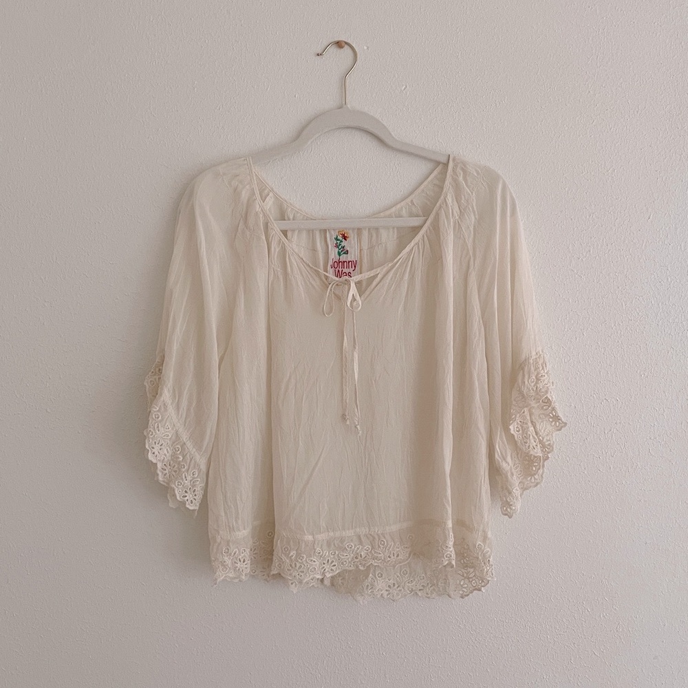 Johnny Was Overlay Top Lace Sleeve Crop Blouse Scoop Bohemian Chic